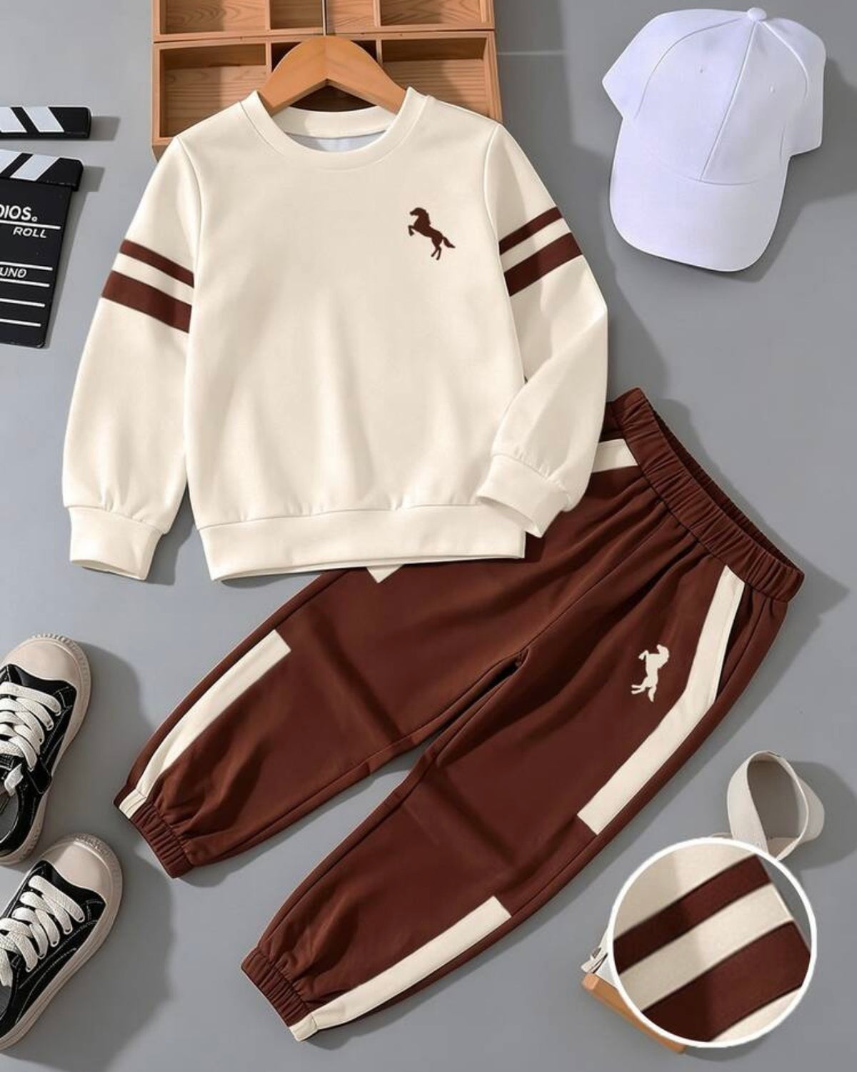 Boys Beige and Brown Long Sleeve Colorblock 2 Pieces set