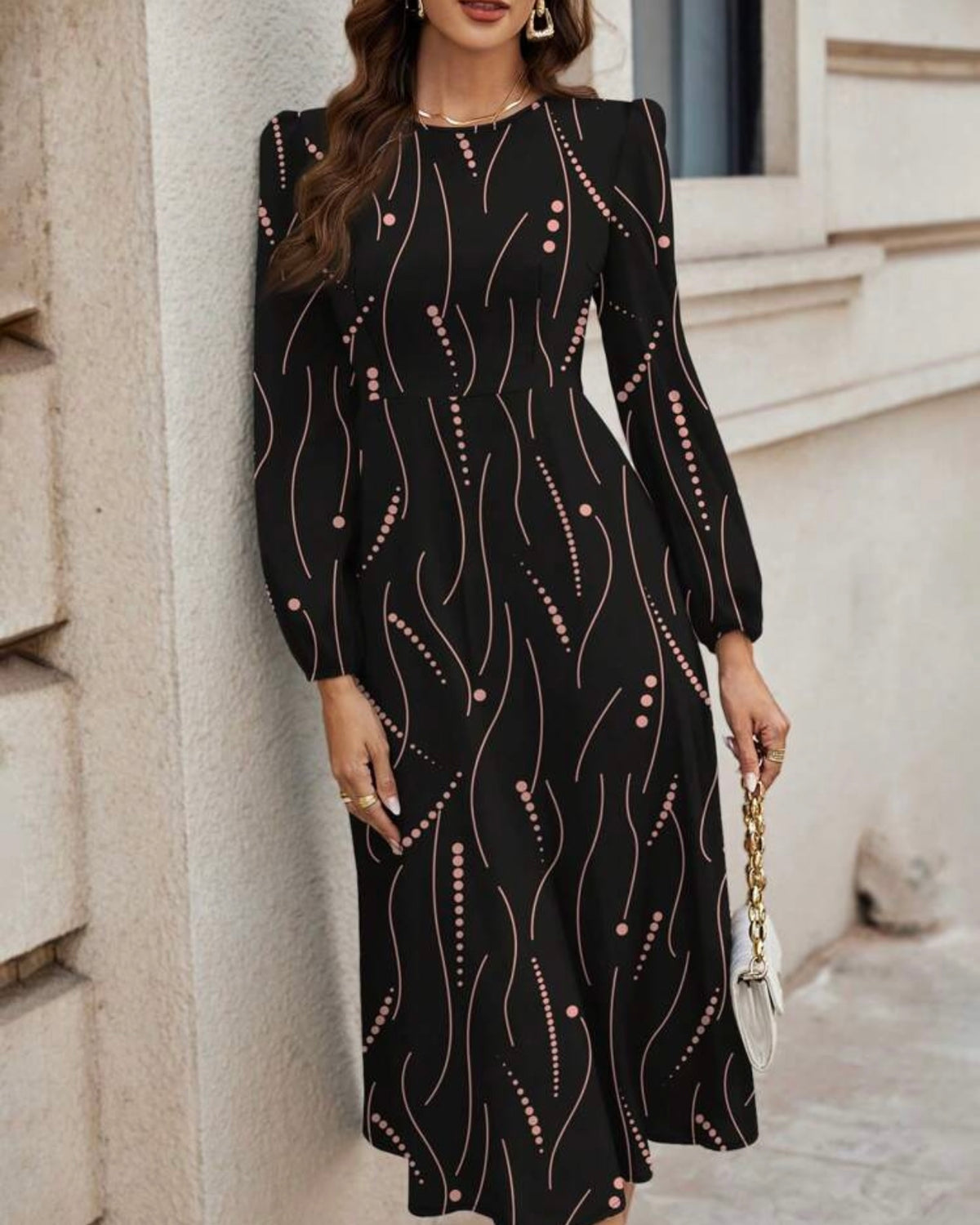 Casual Striped & Dot Pattern Round Neck Long Sleeve Dress, Suitable For Spring & Summer