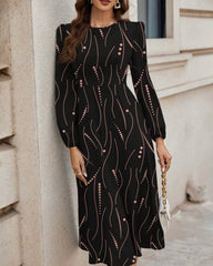 Casual Striped & Dot Pattern Round Neck Long Sleeve Dress, Suitable For Spring & Summer