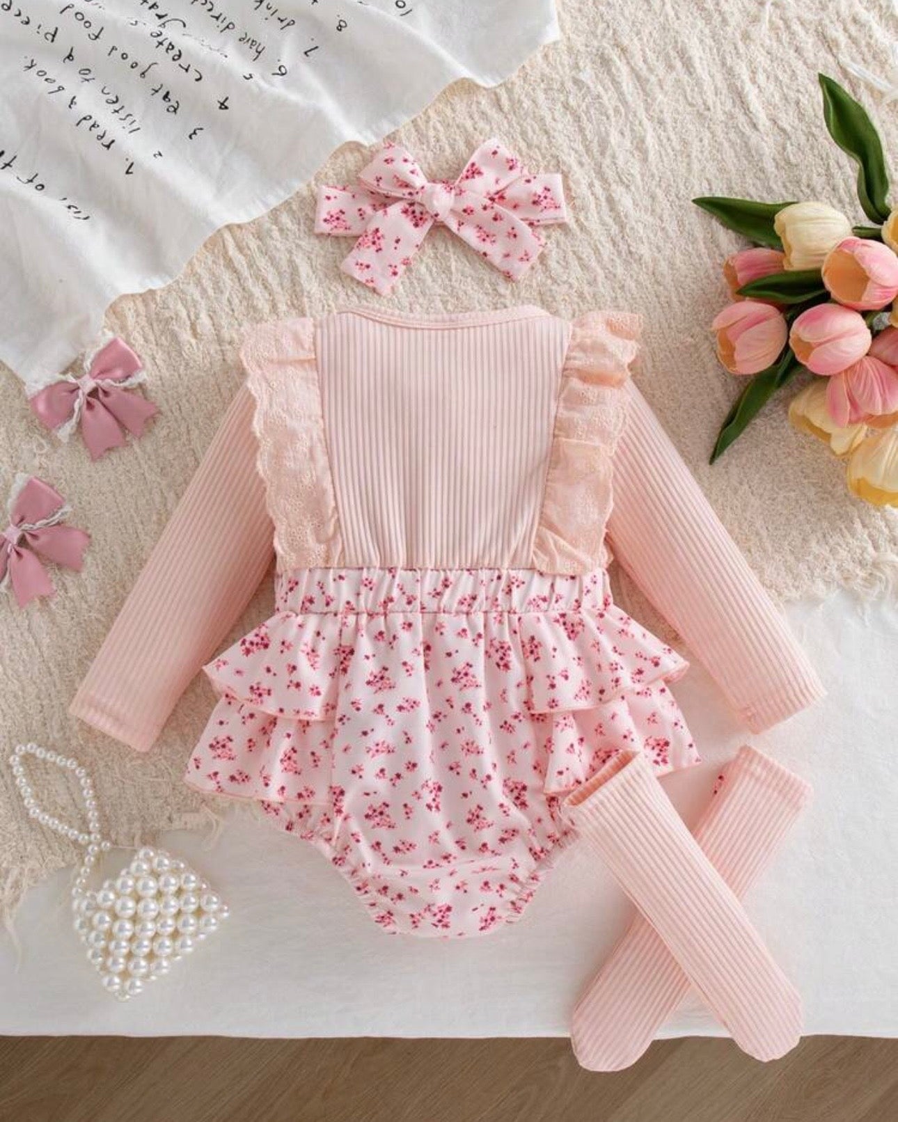 Baby Girl 3D bow Pink Floral Flutter Sleeve Overall Bodysuit +Socks + headband