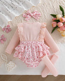 Baby Girl 3D bow Pink Floral Flutter Sleeve Overall Bodysuit +Socks + headband