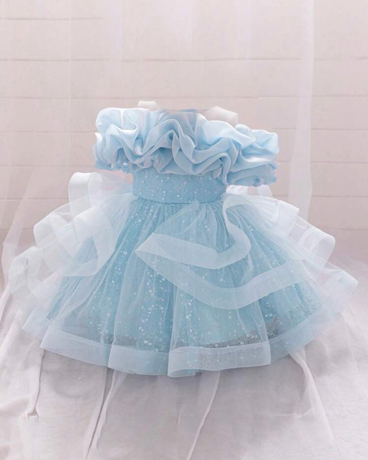 Girls Ice Blue Sequin Mesh Tutu Princess Dress