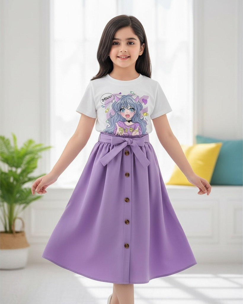 Cartoon Printed Purple Short Sleeve T-Shirt And Elastic Waist Skirt