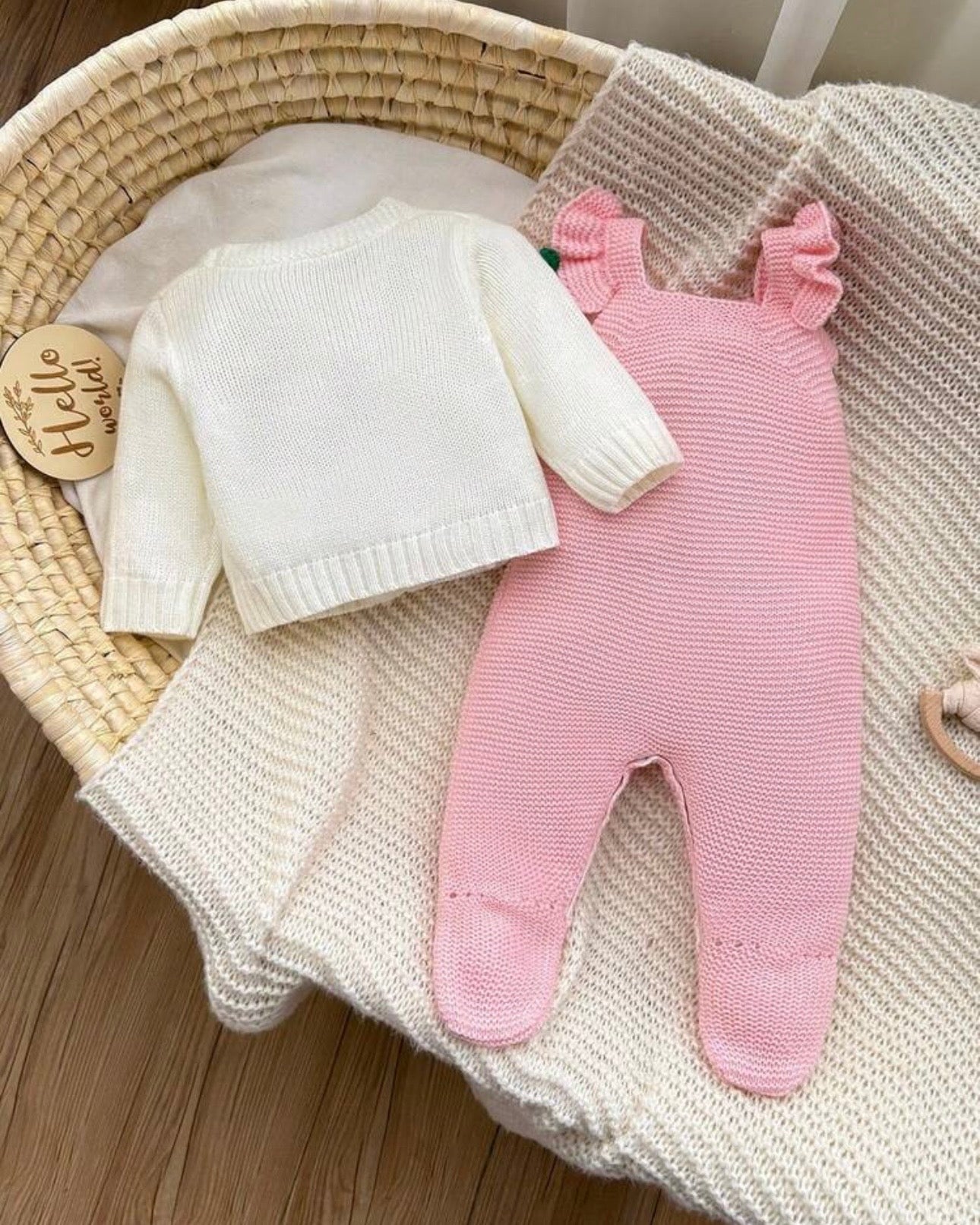 Newborn Baby Girl Pink Floral Pattern Knitted Cardigan and Romper