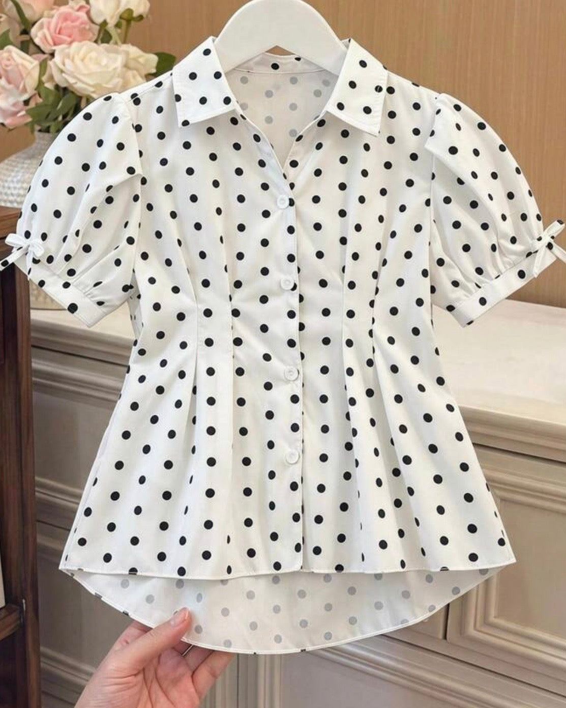 Girls White & Black Polka Dot Button-Down Collared Shirt