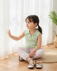 2pcs Girls’ Green Knit Shirt & Ombre Plaid Pants