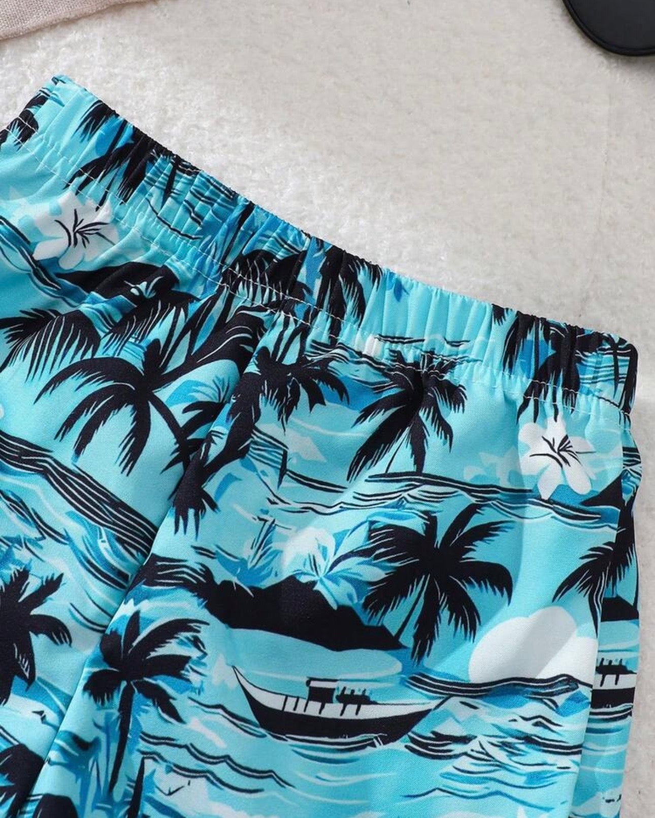 Boys 3pc Blue & White Stripe Summer Time Print Top, Coconut Tree Beach Shorts & Hat
