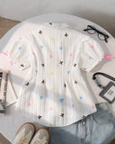 Tween Girls Bow Print Textured Puff Sleeve Shirt – Cinched Waist
