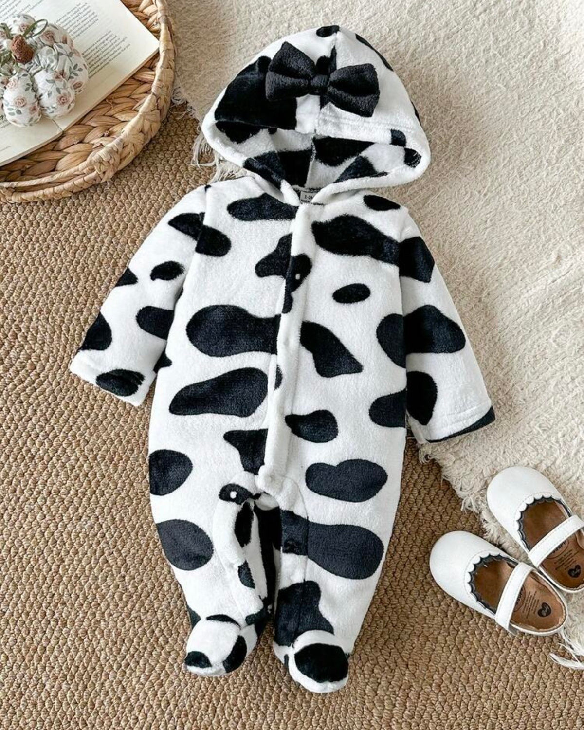 Newborn Baby Winter Hooded One-Piece  Cow Print Romper