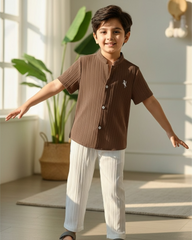 2pc Boys Brown and White Textured Shirt & Trouser Set