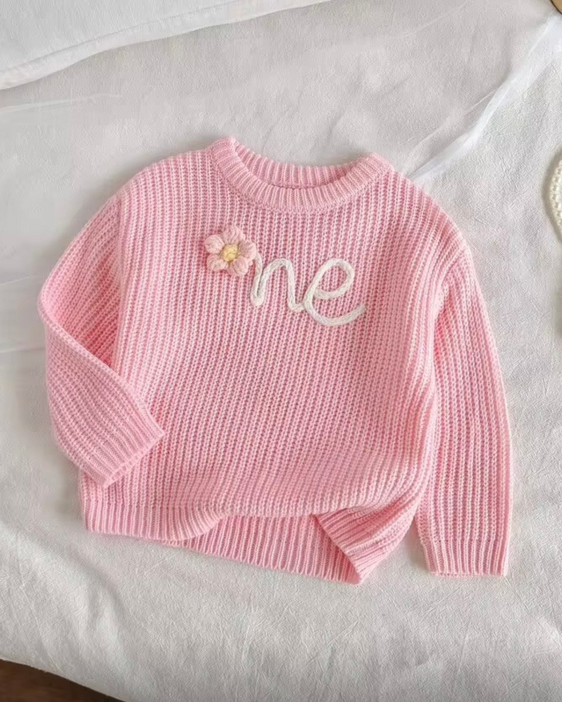 Baby Girls Pink Floral Hand Embroidered Knit Sweater