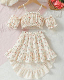 Girls’ 2pc Summer Floral Outfit Set – Camisole Top & Asymmetrical Hem Skirt