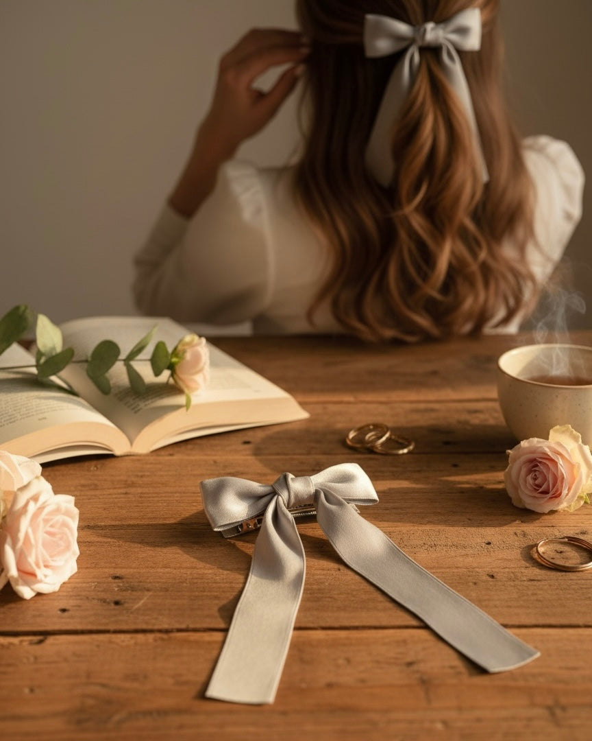 Grey Fabric Bow Hair Clip for Women