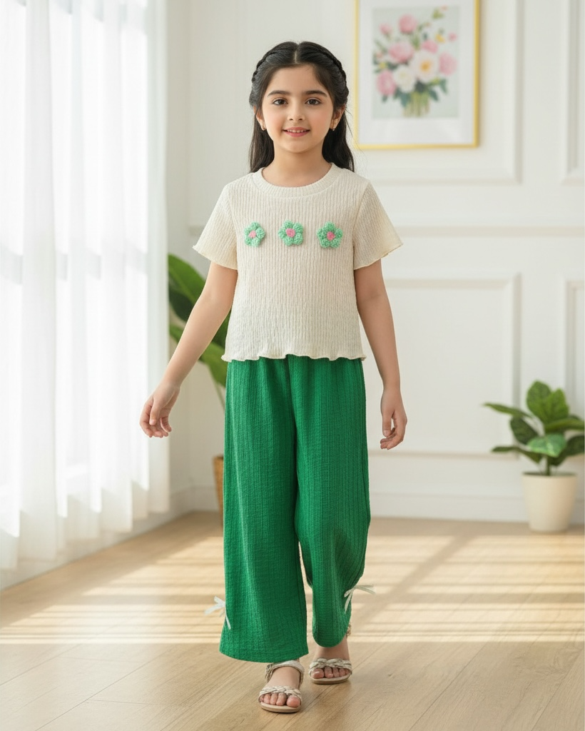 Girls Dark Green and White 3D Floral Textured T-Shirt & Pants Set – 2pcs Casual Outfit