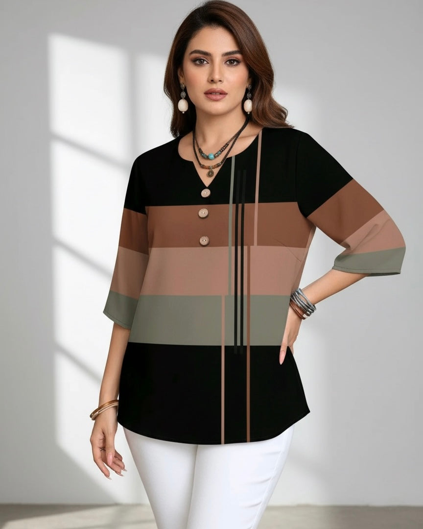 Women Brown Striped 3/4 Sleeve  Casual Shirt