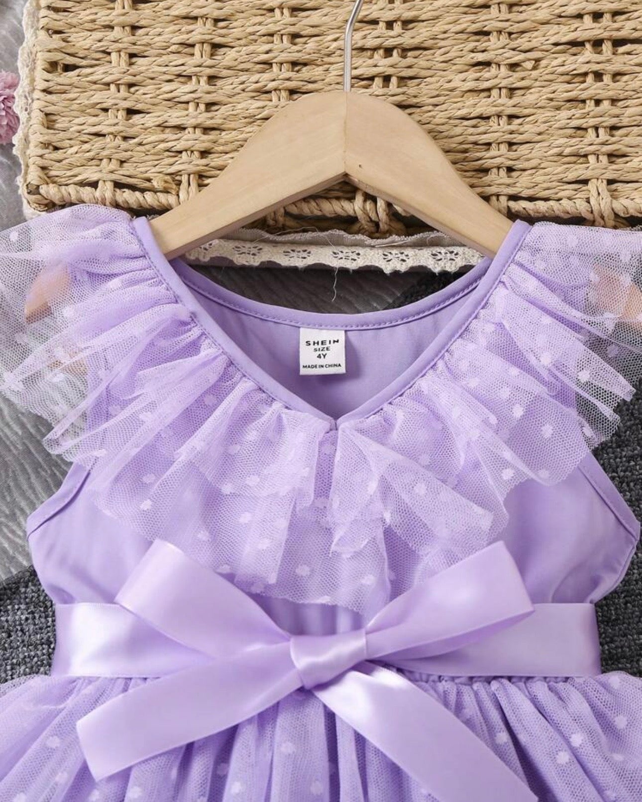 Kids Young Girl V-Neck Mauve purple Mesh Dress With Ruffles And Pleats