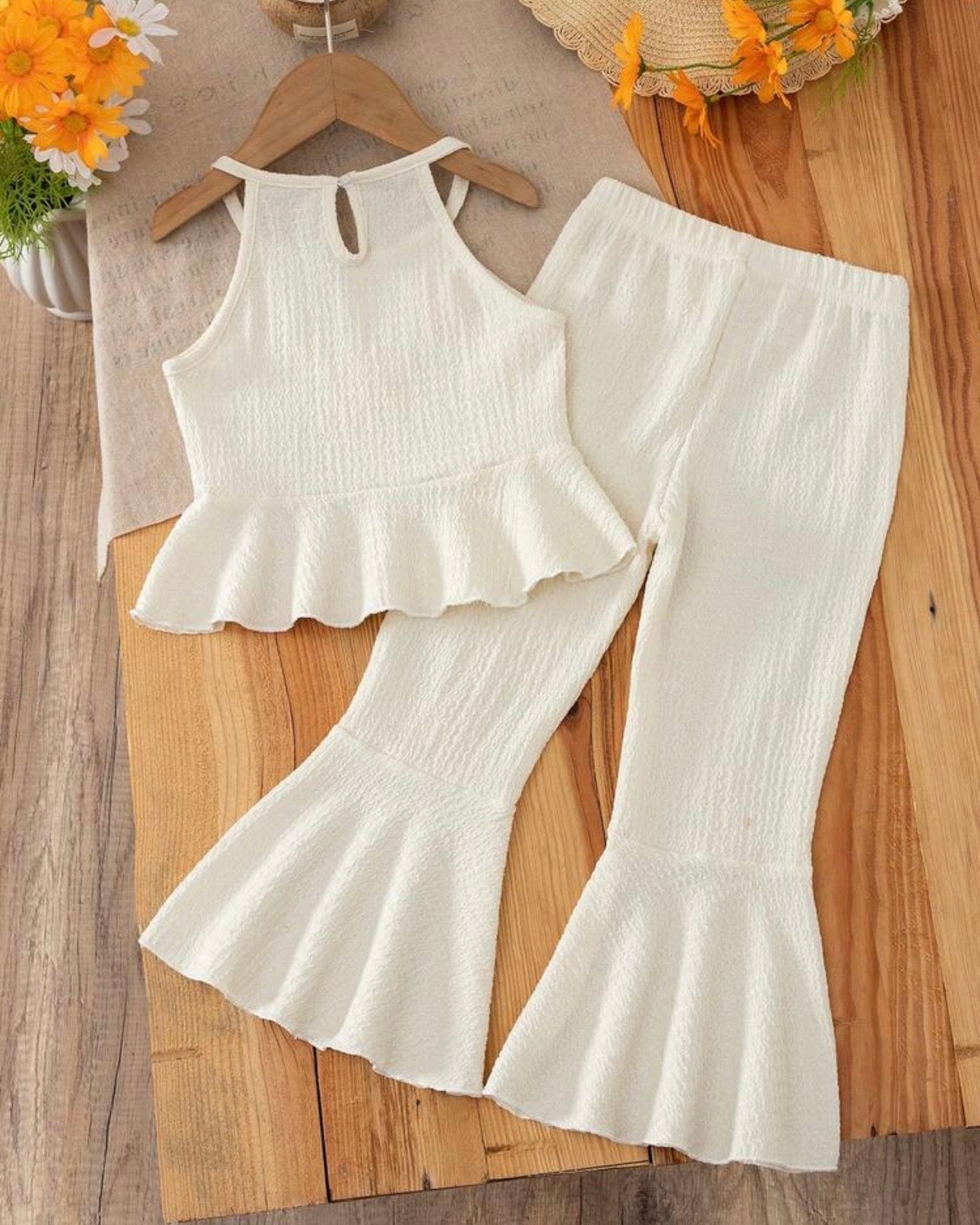 Girls 3D Floral Ruffle Crop Top & Flared Pants Set