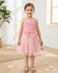 Young Girls Floral Embroidery Top & Star Mesh Skirt 2-Piece Set