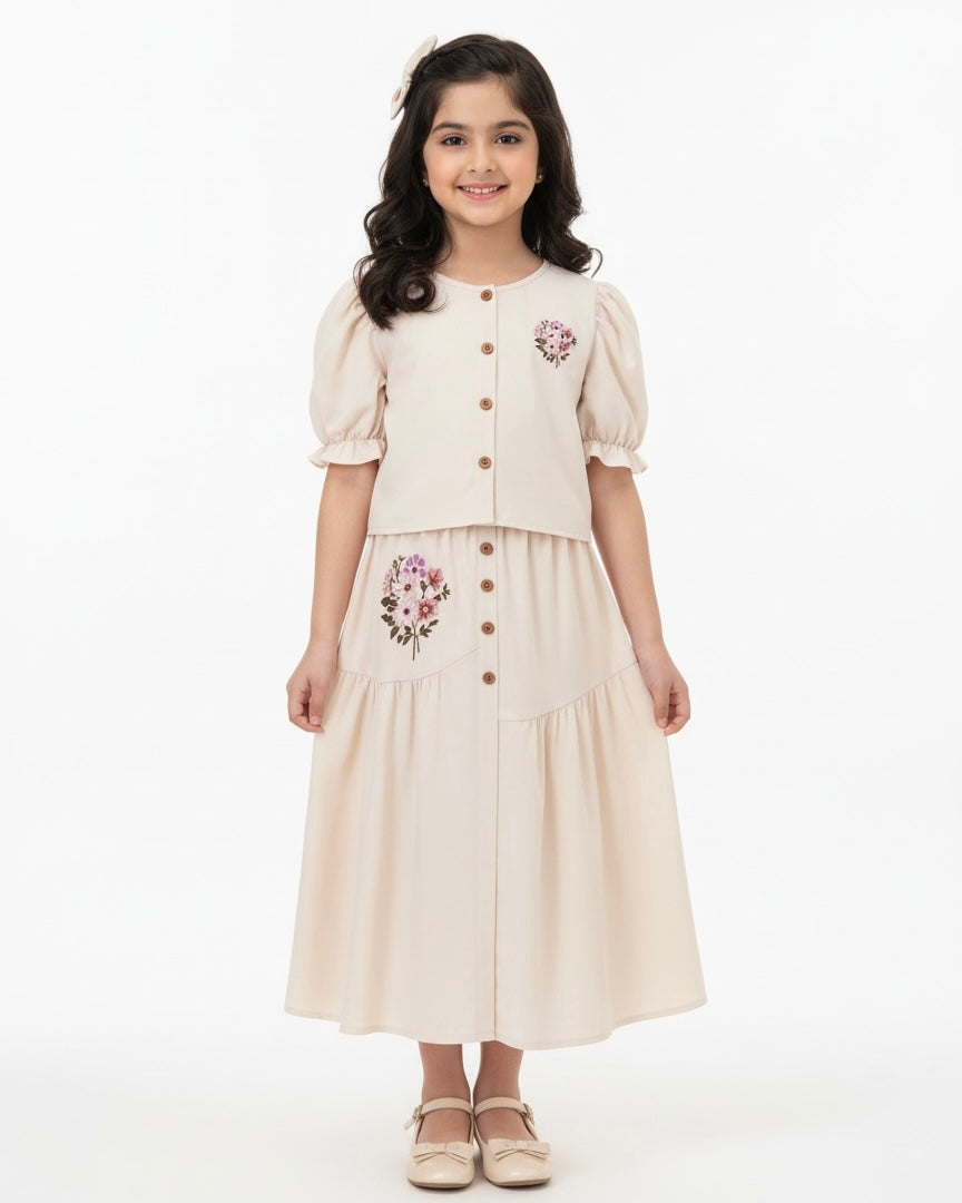 2pcs Tween Girl Puff Sleeve Shirt & Asymmetrical Button Skirt – Spring/Summer Vacation Outfit