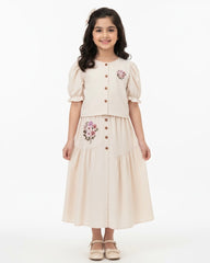 2pcs Tween Girl Puff Sleeve Shirt & Asymmetrical Button Skirt – Spring/Summer Vacation Outfit