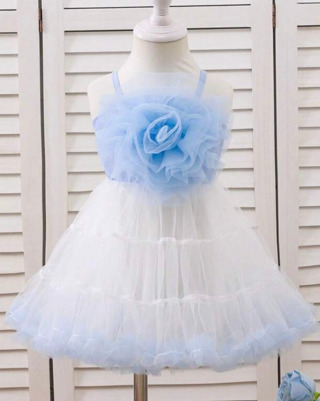 Baby Girls 3D White and Blue Flower Decor Strap Double Layer Tulle Dress