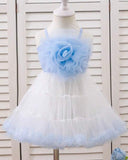 Baby Girls 3D White and Blue Flower Decor Strap Double Layer Tulle Dress