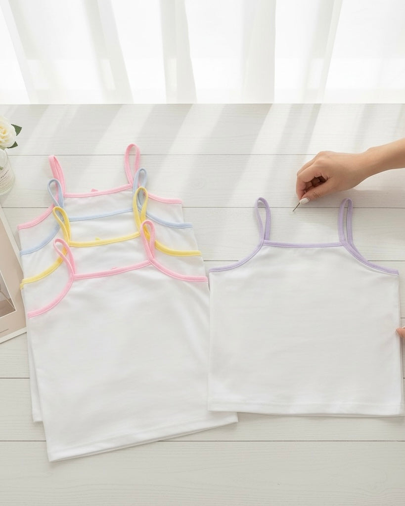 5PCS Girls Multicolour Spaghetti Strap White Camisole Set – Soft Milk Silk Comfort