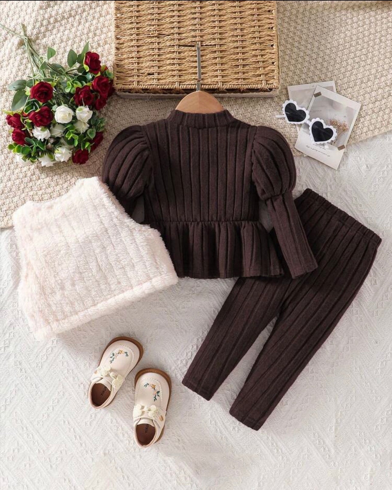Baby Girls Brown Dress, Vest Jacket & Pants 3-Piece Outfit Set