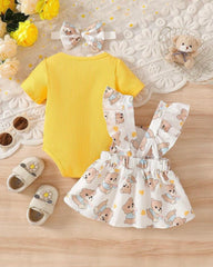 3pcs Baby Girls Yellow Ribbed Romper & Ruffled Overall Dress Set with Bow Headband