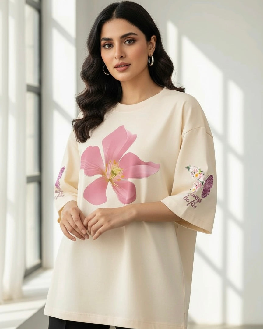 Plus Size Women Floral & Butterfly Print Casual Summer T-Shirt
