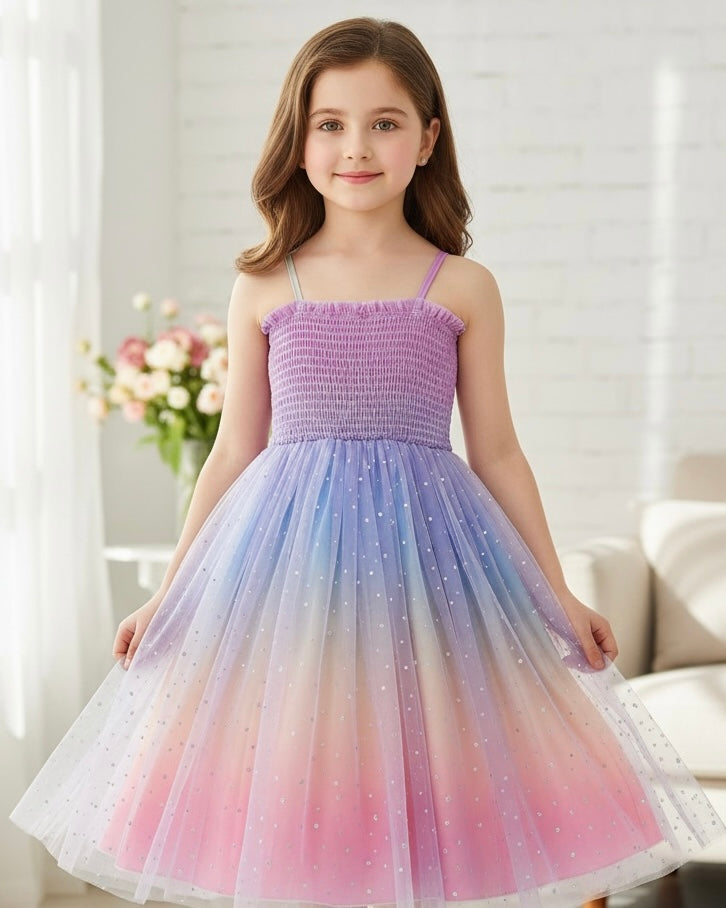 Girls’ Colorful Ombre Mesh Sequin Slip Dress