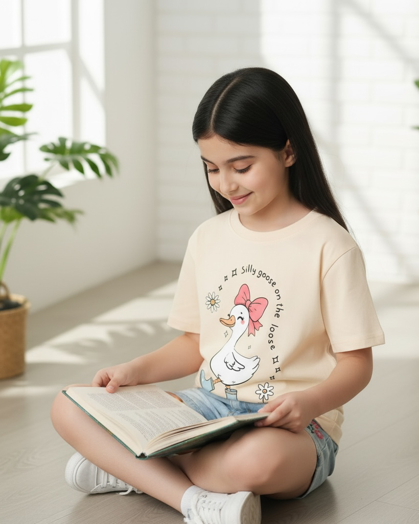 Girls’ Beige Duck Print Short Sleeve T-Shirt