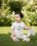 3pc Baby Boy Beige Bear Print Outfit Set – T-Shirt, Shorts & Cap (Summer)