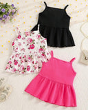3PCS Girls Pink and Black Ruffle Trim Camisole Tops Set