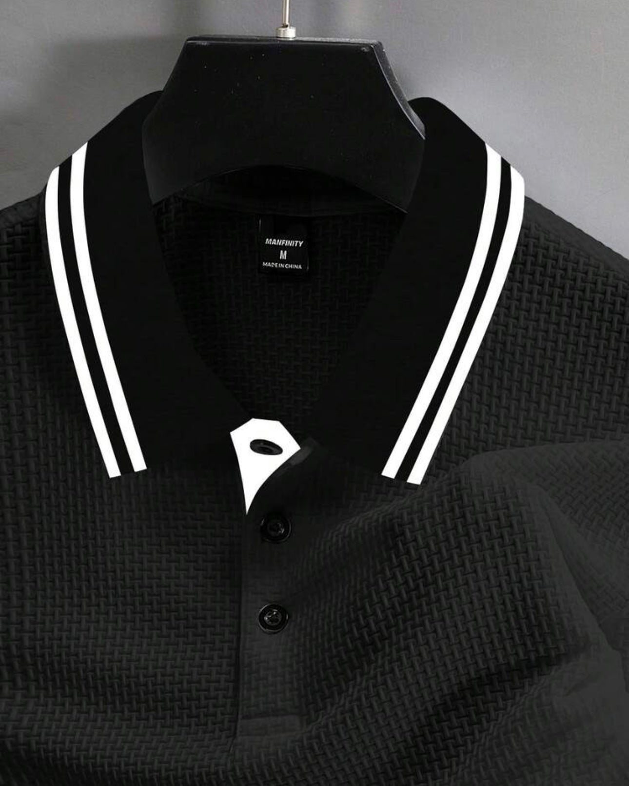 Men’s White Striped Collar Half Sleeve Black Textured Polo Shirt - Summer