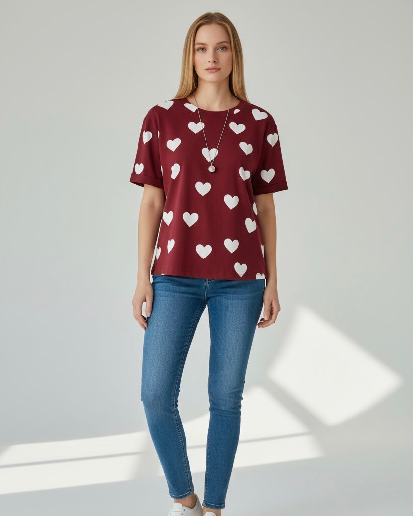 Heart Graphic Print Casual Women's Short Sleeve Crew Neck T-Shirt