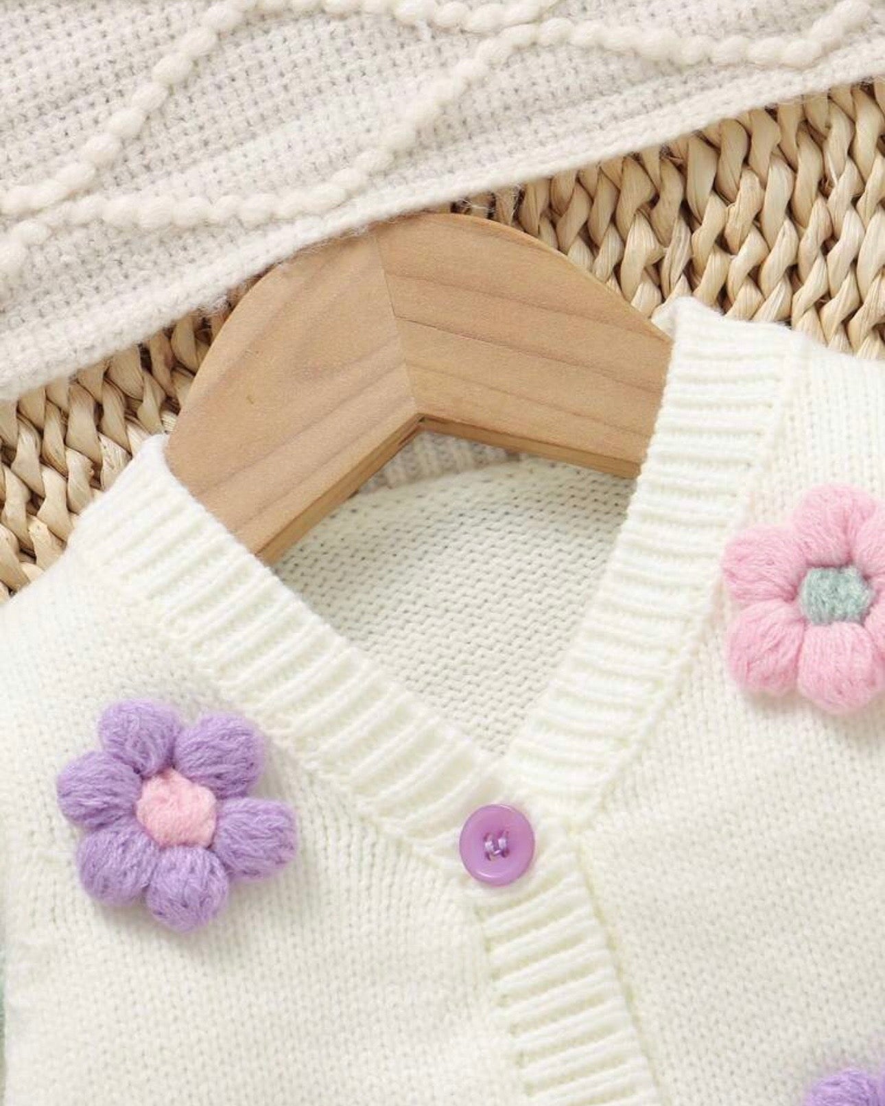 Newborn Baby Girl Green 3D Floral Pattern Knitted Cardigan And Romper