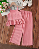 Girls 2PCS Pink Crochet Lace Camisole & Wide-Leg Pants Set