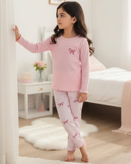 Kids Girls Bow Print Ribbed Pajama Set – Pink Long Sleeve Top & Pants