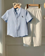 2pc Boys Blue and White Textured Shirt & Trouser Set
