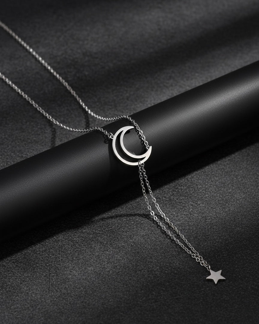 Japanese-Korean Style Moon and Star Silver Necklace