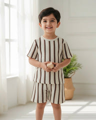 Boys Brown Waffle Stripe 2pcs Summer Set – T-Shirt & Shorts
