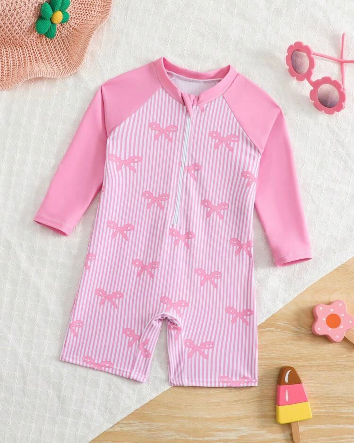 Full Sleeves Pink Bow swimming Costume