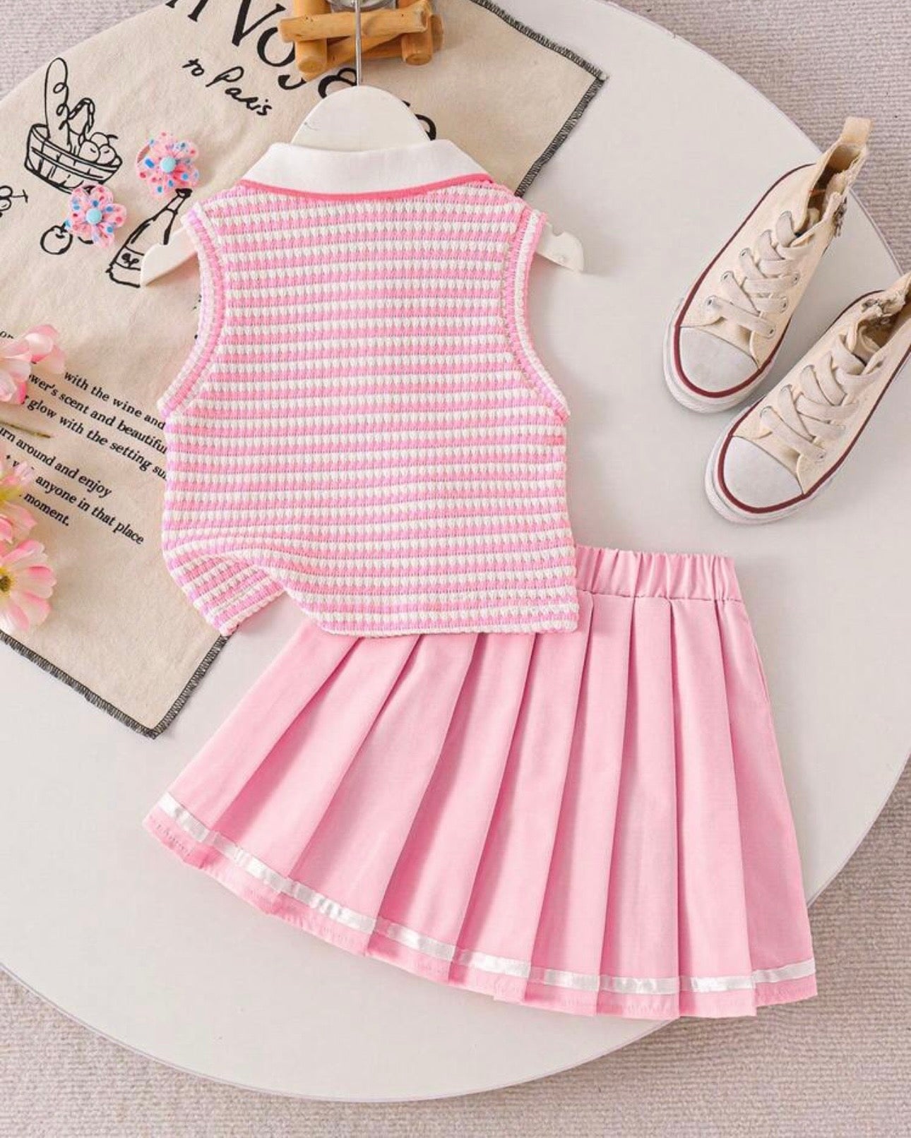 Girls Pink Flower Embroidered Outfit Set – Sleeveless Polo Shirt & Pleated Skirt