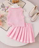 Girls Pink Flower Embroidered Outfit Set – Sleeveless Polo Shirt & Pleated Skirt