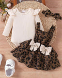 Baby Girl Brown Leopard Print Strap Dress Ribbed, Long Sleeve Bodysuit With Headband