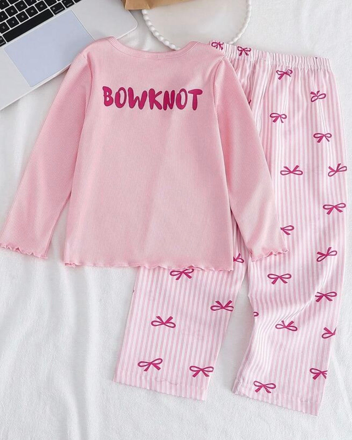 Kids Girls Bow Print Ribbed Pajama Set – Pink Long Sleeve Top & Pants