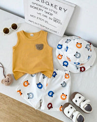 Baby Boy 3pc Yellow Bear Graphic Tank Top, Bear Print Shorts & Matching Hat