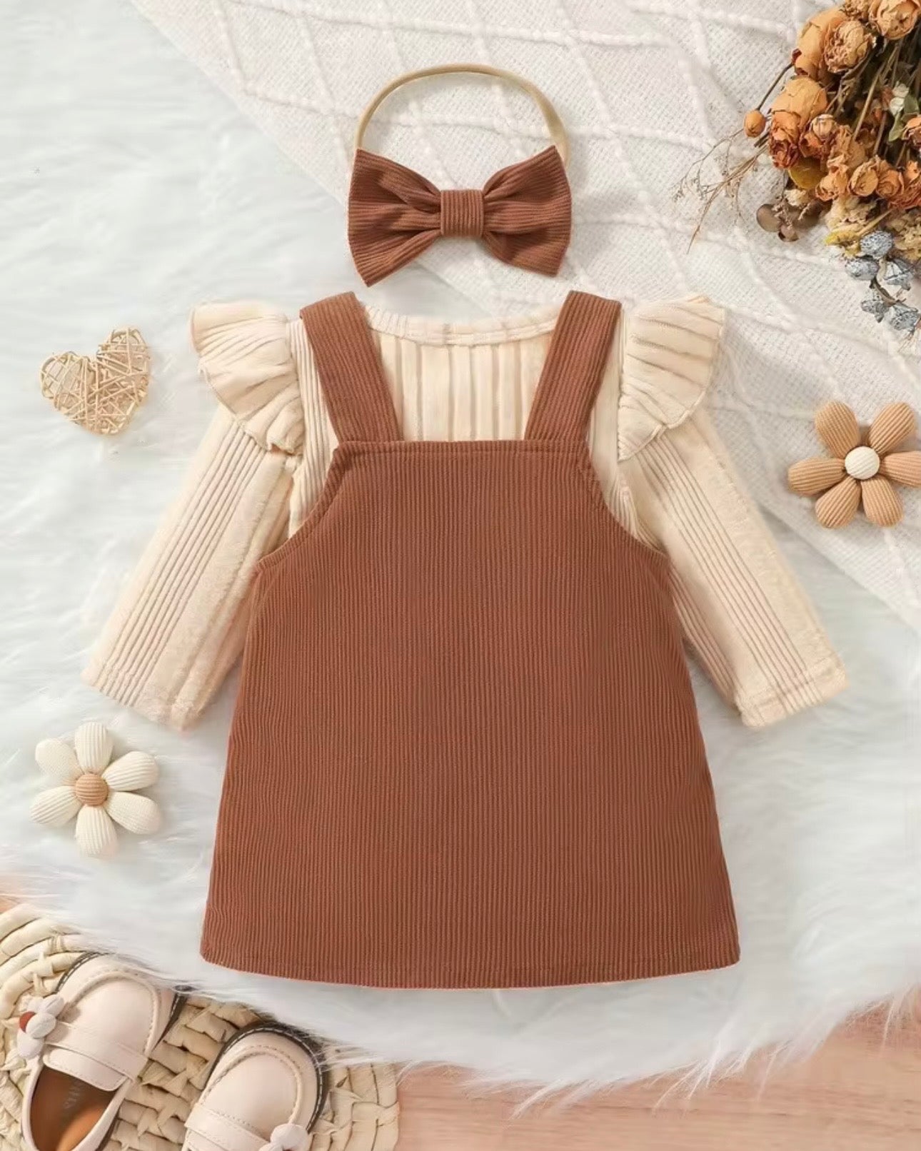 3pcs Set Girls Long Sleeve Knit Top + Bow Headband And 3D Floral Casual Overall Dress Set