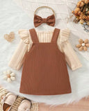 3pcs Set Girls Long Sleeve Knit Top + Bow Headband And 3D Floral Casual Overall Dress Set